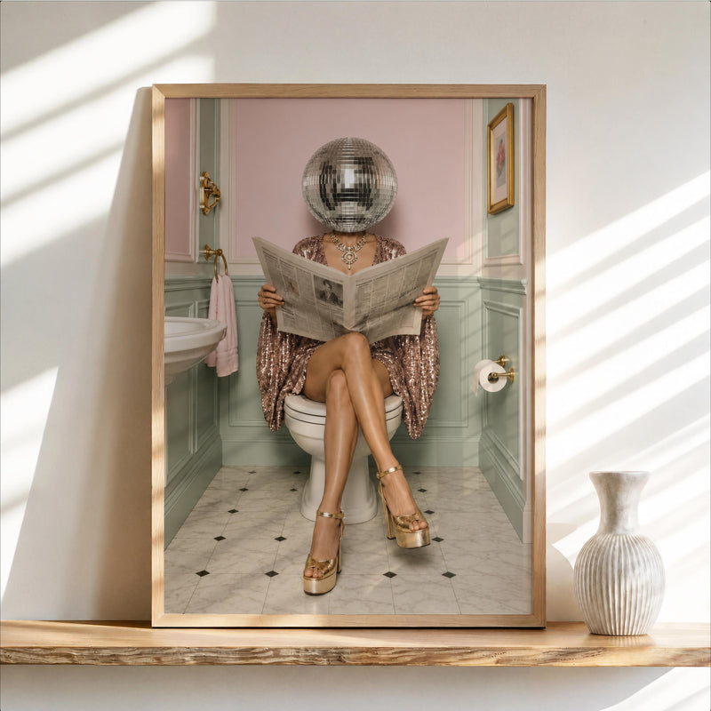 Disco ball head woman reading in bathroom print