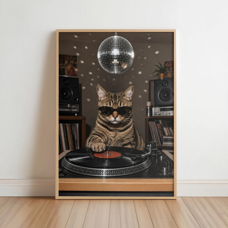 DJ cat with turntable and disco ball poster