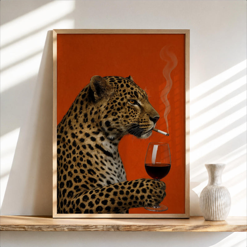 Leopard with wine and cigarette vintage print