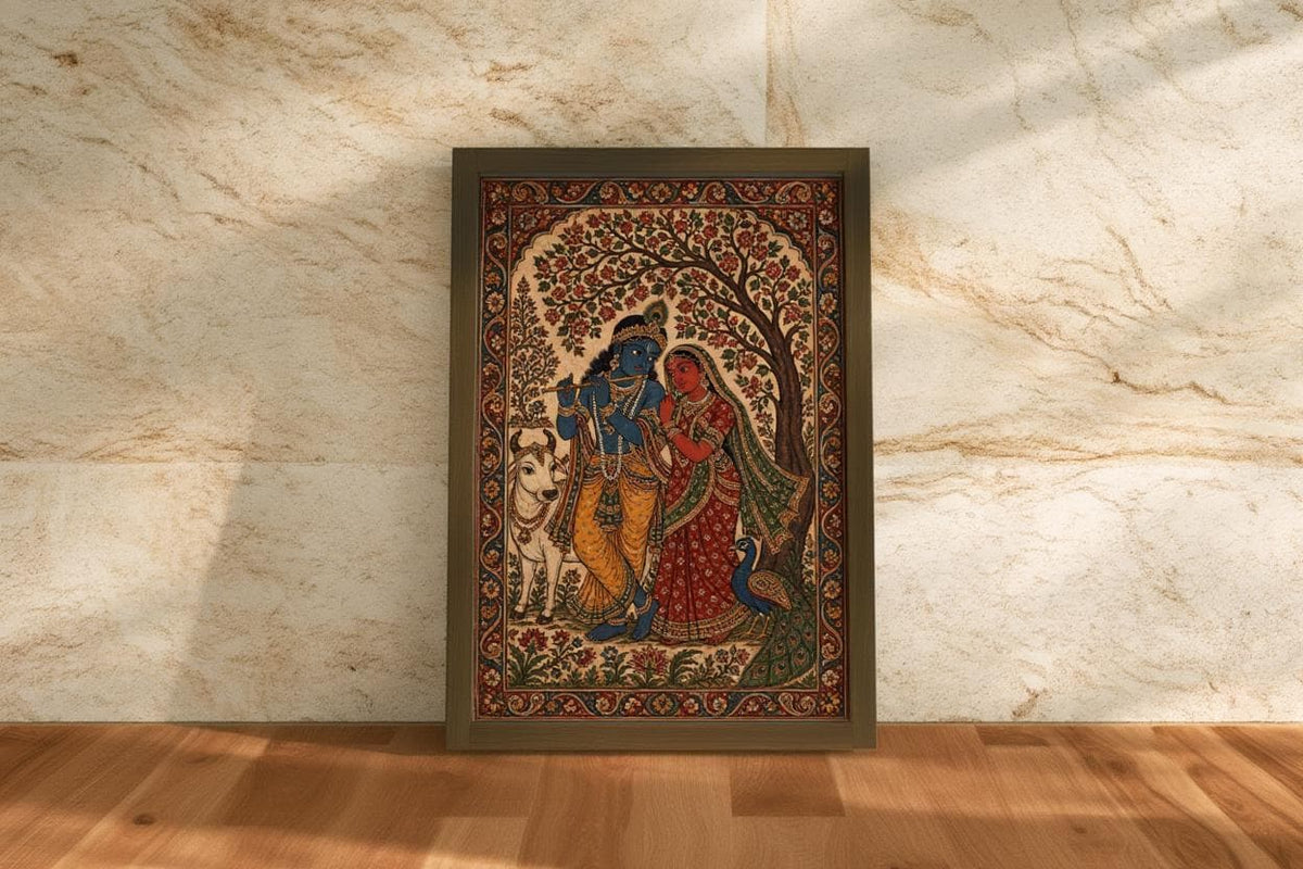 Radha Krishna Kalamkari Wall Art, Hindu God Love Painting, Indian Folk Art Print, Traditional India Home Decor, Sacred Peacock & Cow Poster