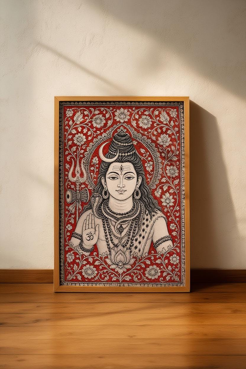 Lord Shiva Kalamkari Wall Art, Hindu God Painting, Traditional Indian Folk Art Print, Sacred Mahadev Portrait, Spiritual Yoga Studio Decor