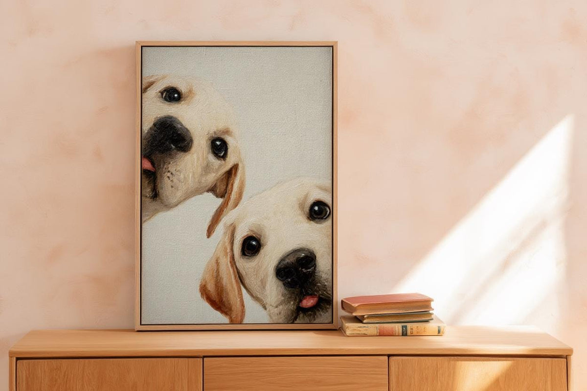Labrador Puppies Oil Painting, Whimsical Dog Art, Peeking Pups Print