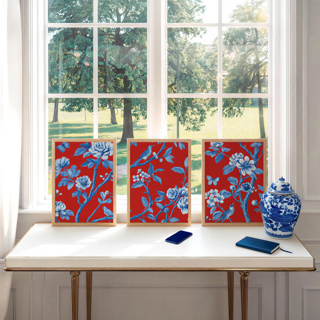 Chinoiserie Christmas Red & Blue Set of 3, Watercolor Chinese Wallpaper Print, Botanical Birds Flowers Tapestry, Floral Botanical Peonies