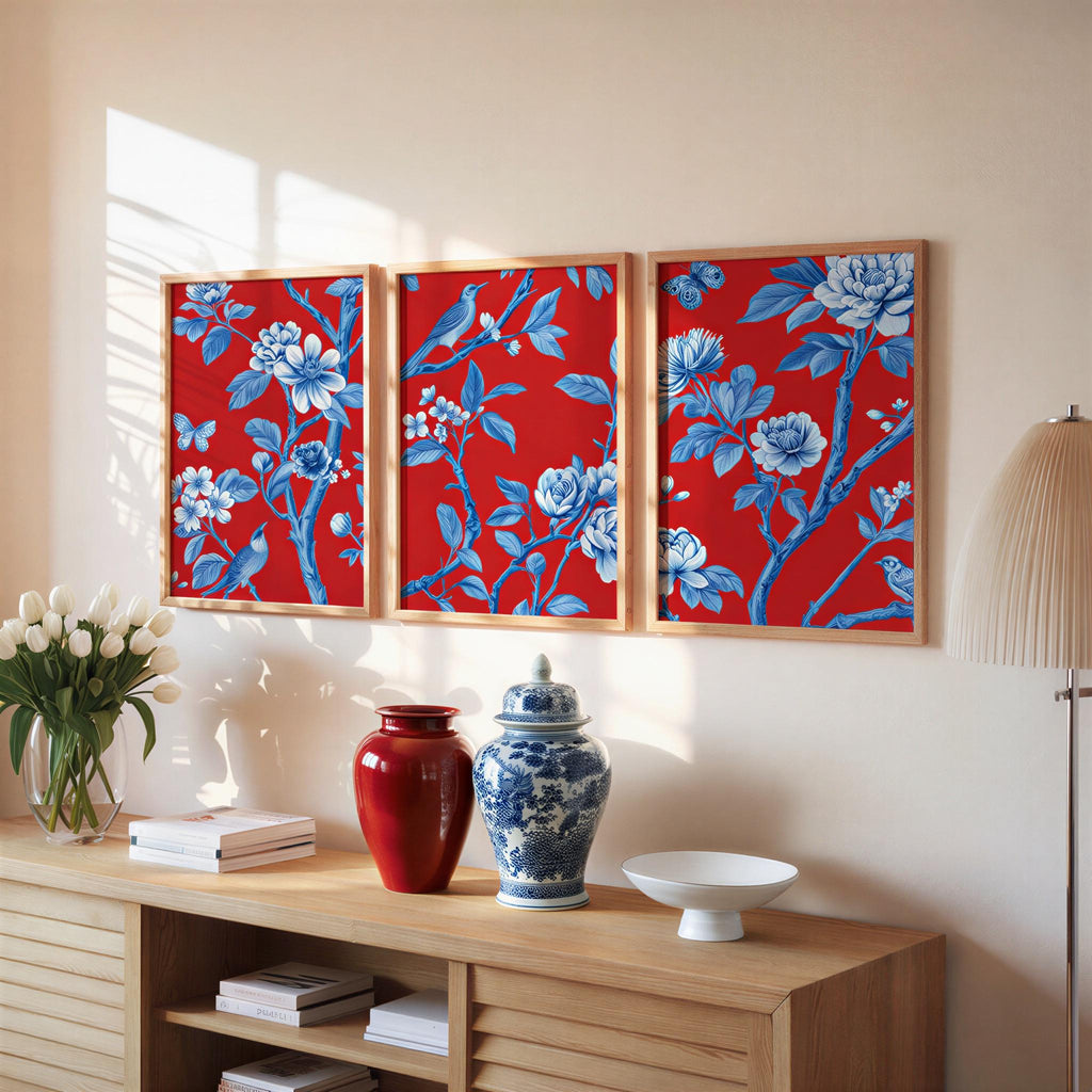 Chinoiserie Christmas Red & Blue Set of 3, Watercolor Chinese Wallpaper Print, Botanical Birds Flowers Tapestry, Floral Botanical Peonies