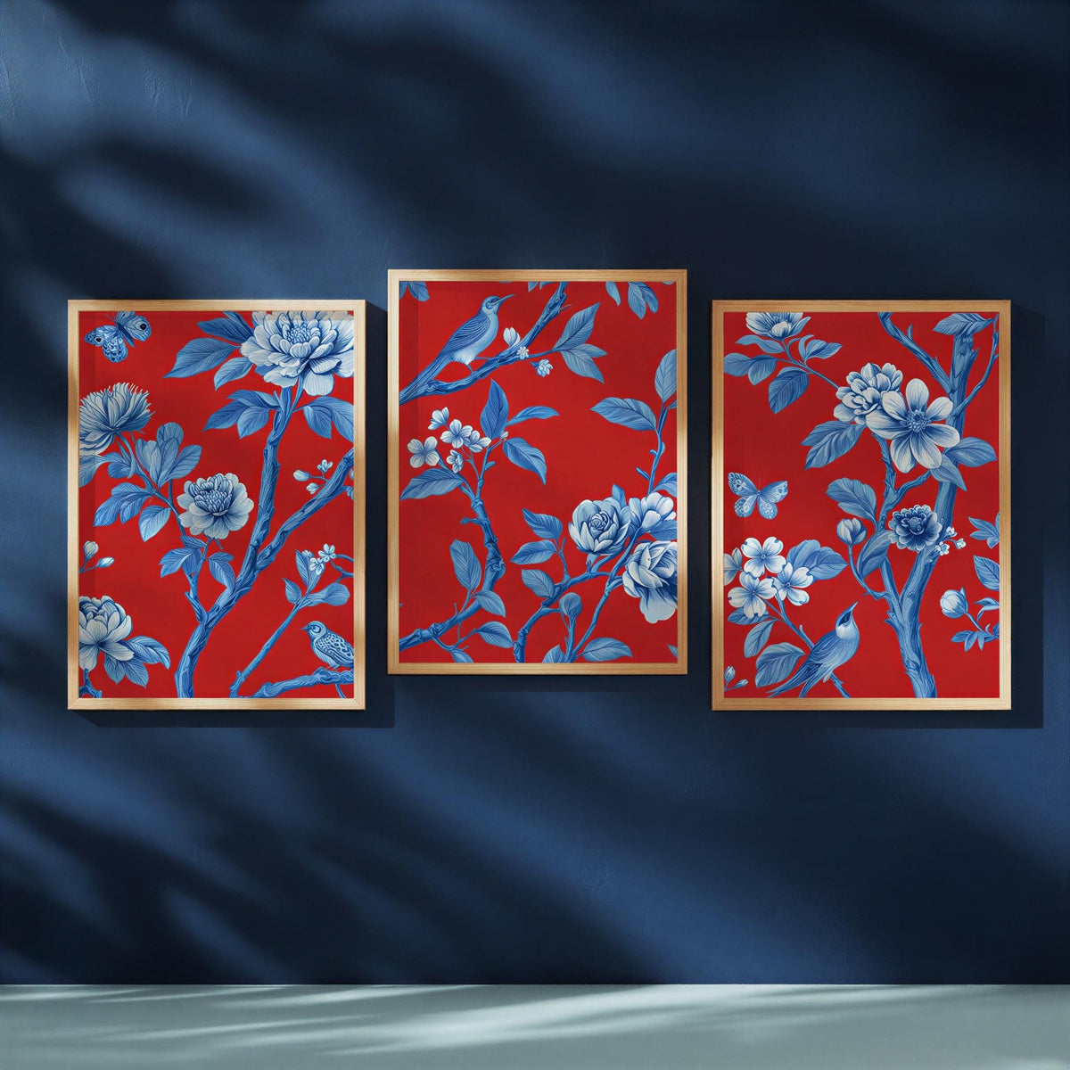 Chinoiserie Christmas Red & Blue Set of 3, Watercolor Chinese Wallpaper Print, Botanical Birds Flowers Tapestry, Floral Botanical Peonies