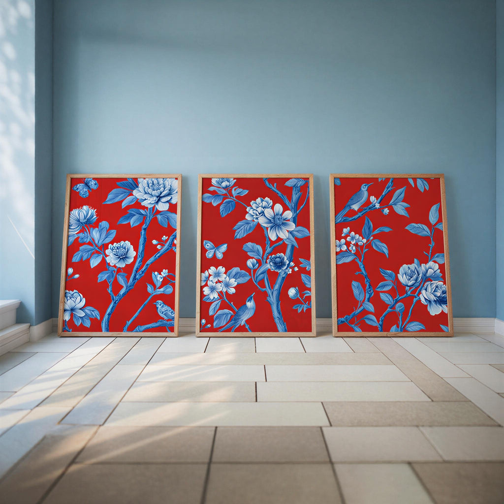 Chinoiserie Christmas Red & Blue Set of 3, Watercolor Chinese Wallpaper Print, Botanical Birds Flowers Tapestry, Floral Botanical Peonies