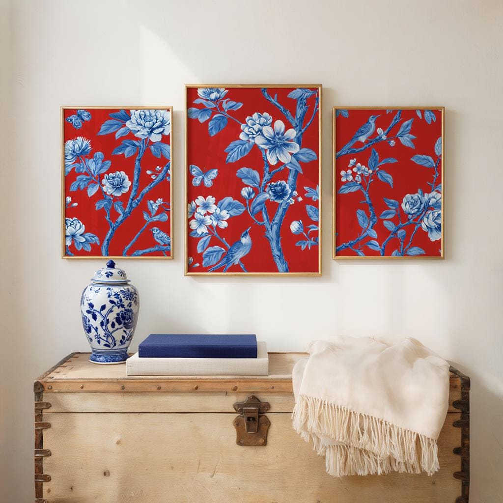 Chinoiserie Christmas Red & Blue Set of 3, Watercolor Chinese Wallpaper Print, Botanical Birds Flowers Tapestry, Floral Botanical Peonies