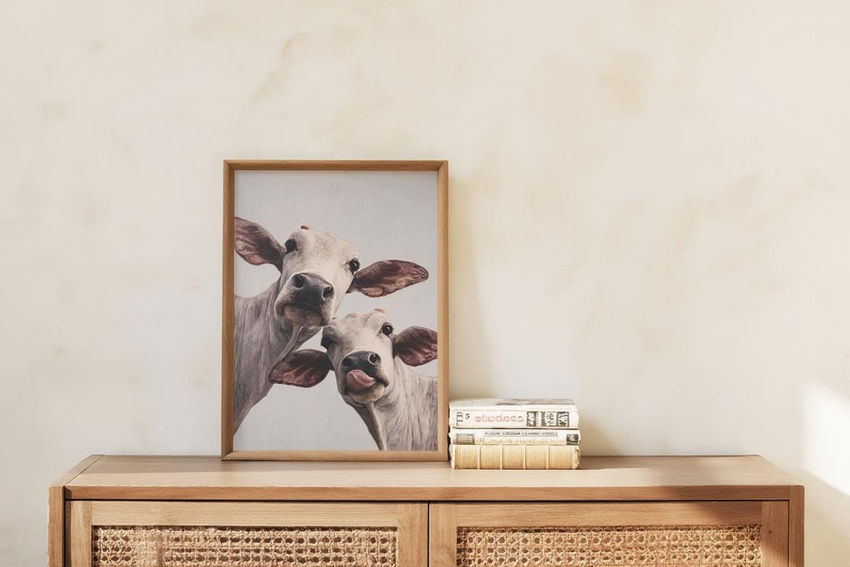 Cow Wall Art, Rustic Cute Country Decor, Whimsical Heifer Print, Funny Kamdhenu Cow Painting, Licking Farm Animal Portrait, Indian Farmhouse