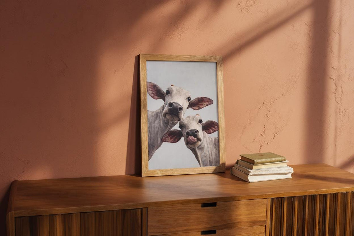 Cow Wall Art, Rustic Cute Country Decor, Whimsical Heifer Print, Funny Kamdhenu Cow Painting, Licking Farm Animal Portrait, Indian Farmhouse