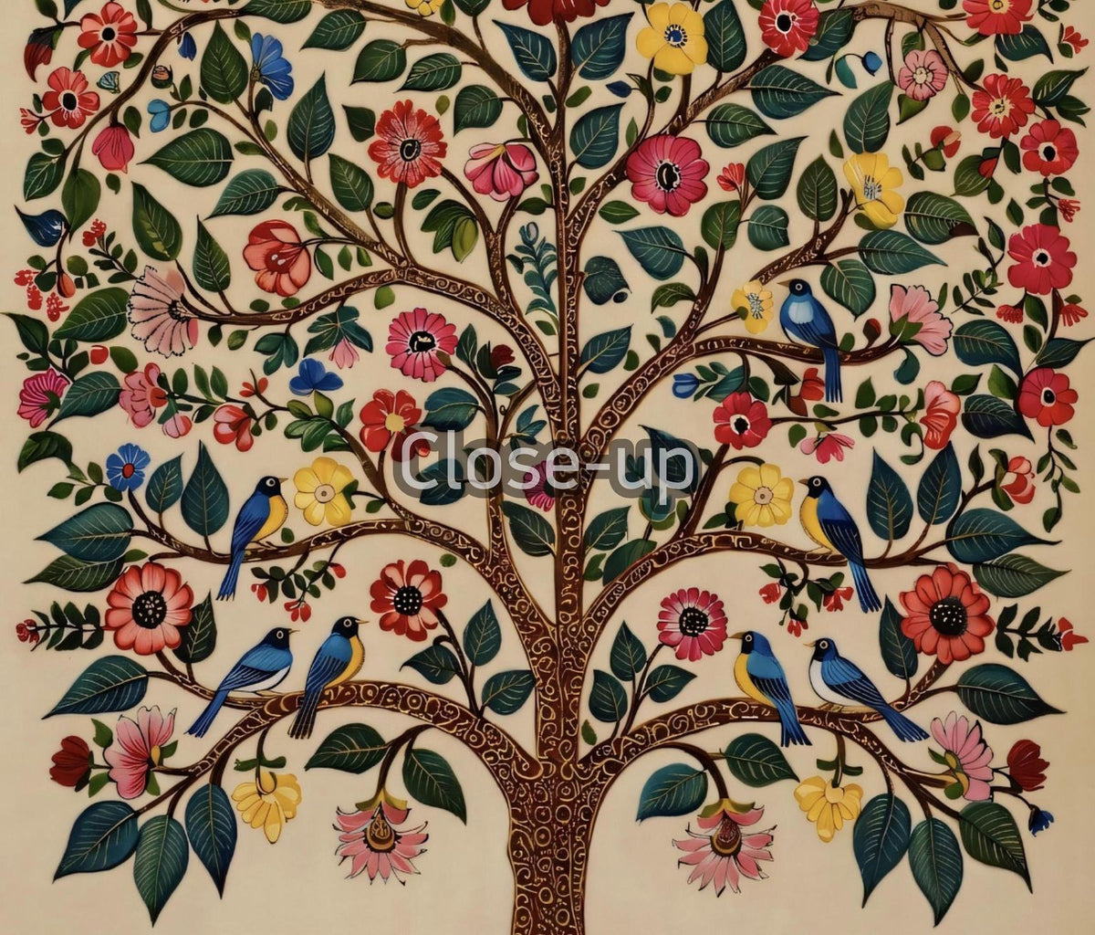 The image is a close-up of a detailed and colorful tree with various flowers, birds, and leaves.