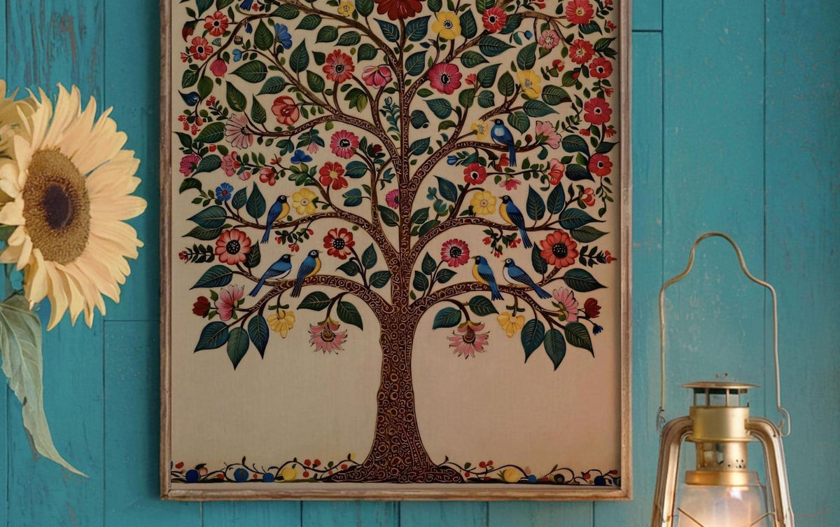 a large, colorful tree with flowers and birds, hanging on a blue wall. Next to the tree, there is a gold lantern.