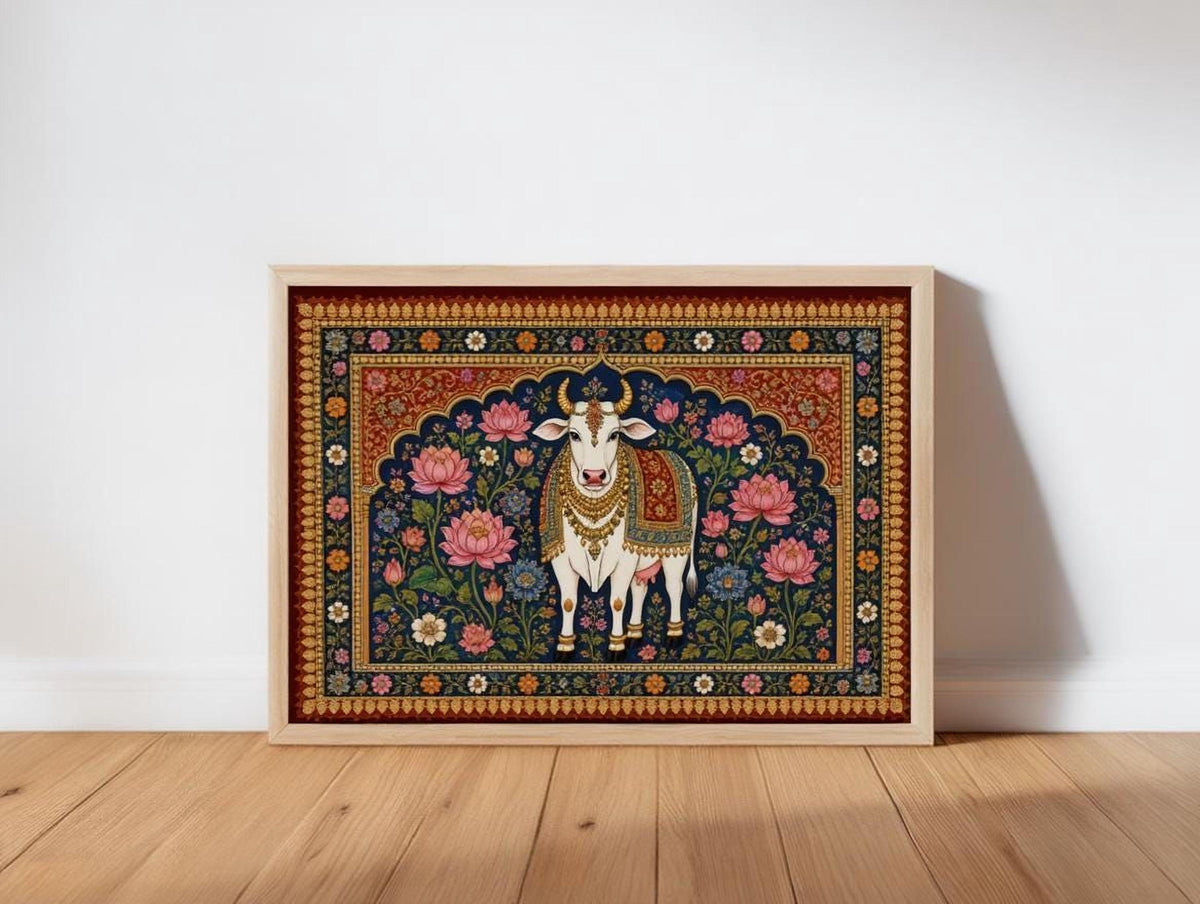 The image is a framed painting depicting a white cow surrounded by a vibrant floral and ornamental design.