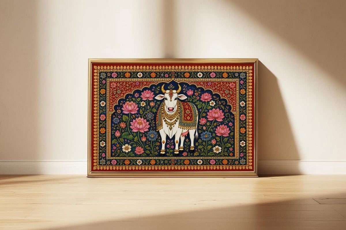 A framed painting depicting a white cow adorned with a colorful, ornate blanket and surrounded by a floral design.