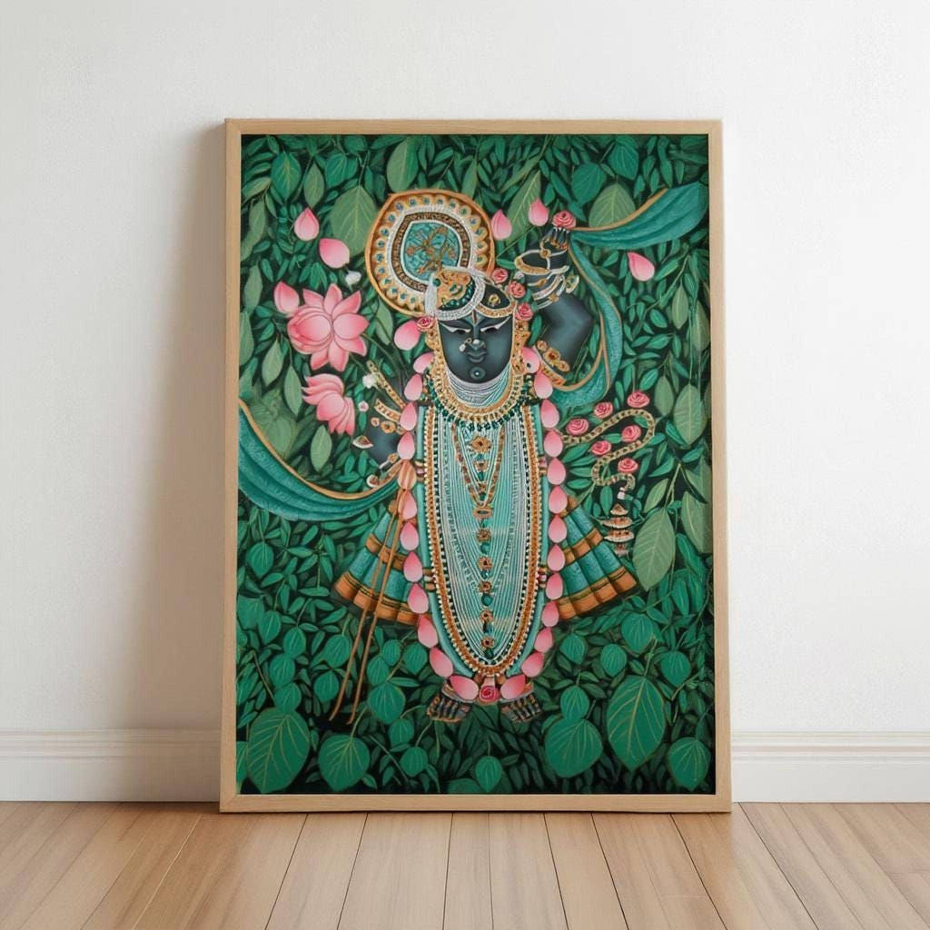 The image is a framed painting depicting a figure in a green and gold outfit, surrounded by a lush green background with pink flowers and leaves.