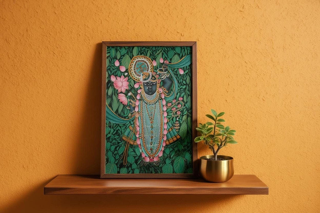 a framed painting of a Hindu deity, surrounded by lush greenery, placed on a wooden shelf next to a potted plant.