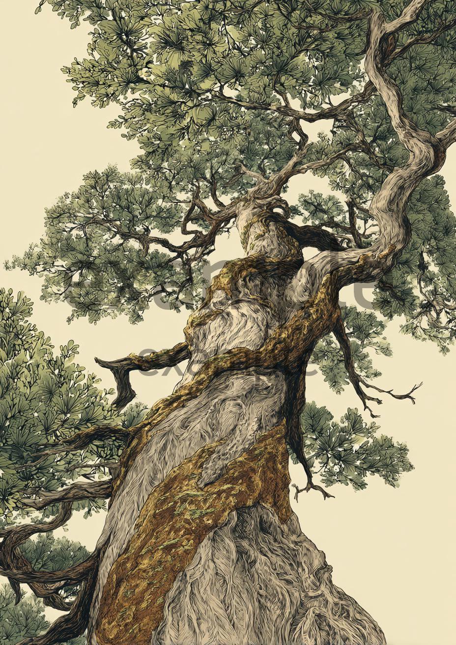 Botanical Pine Tree Wall Hanging - Ancient Japanese Nature Poster Print - Oriental Tree Painting