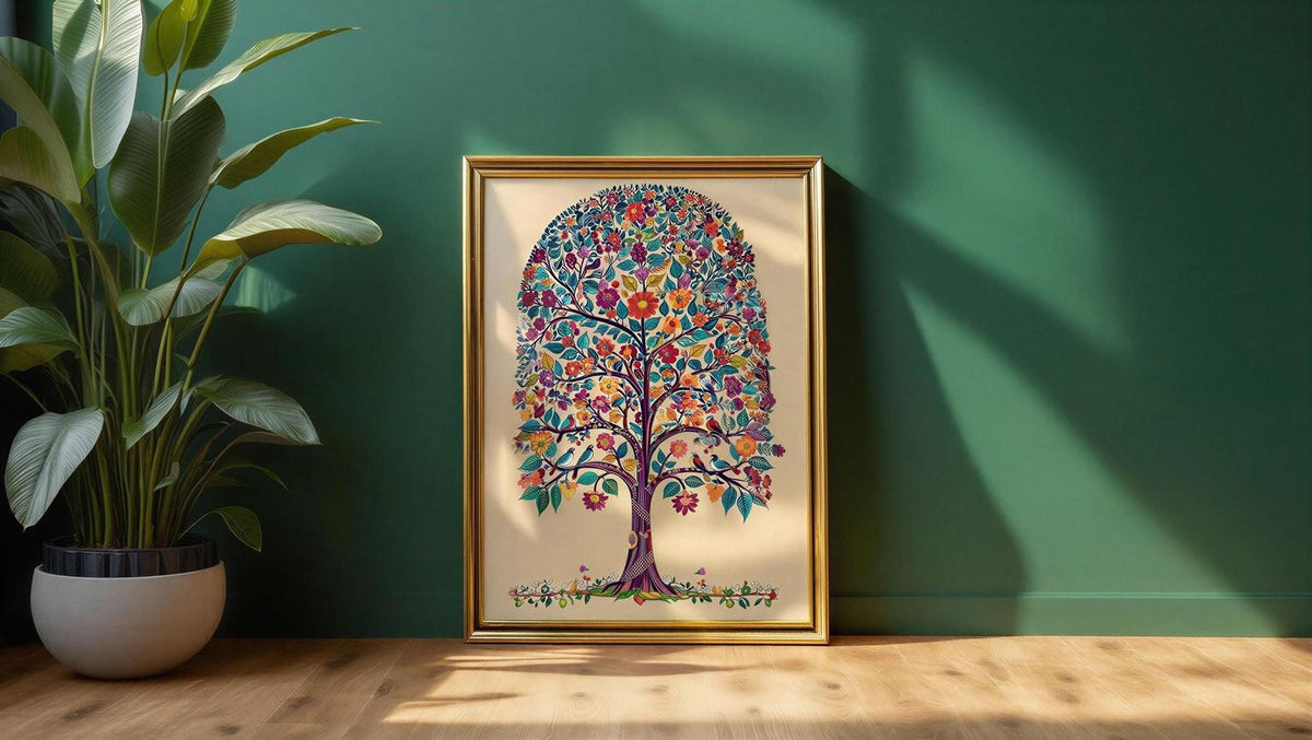 a vibrant, colorful tree-like artwork displayed on a wall, with a potted plant to the left and a wooden floor to the right.