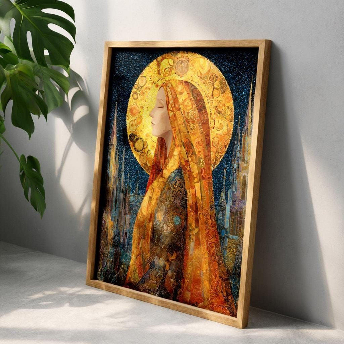 a framed painting of a woman with a golden headdress, surrounded by a colorful, abstract background.