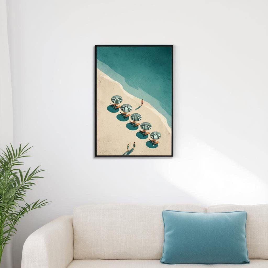 a beach scene with a row of colorful umbrellas on the sand, creating a vibrant and relaxing atmosphere.