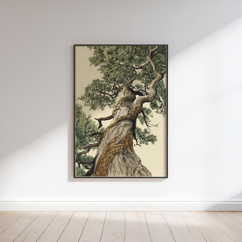 a large, detailed painting of a tree with a thick trunk and numerous branches, hanging on a white wall.