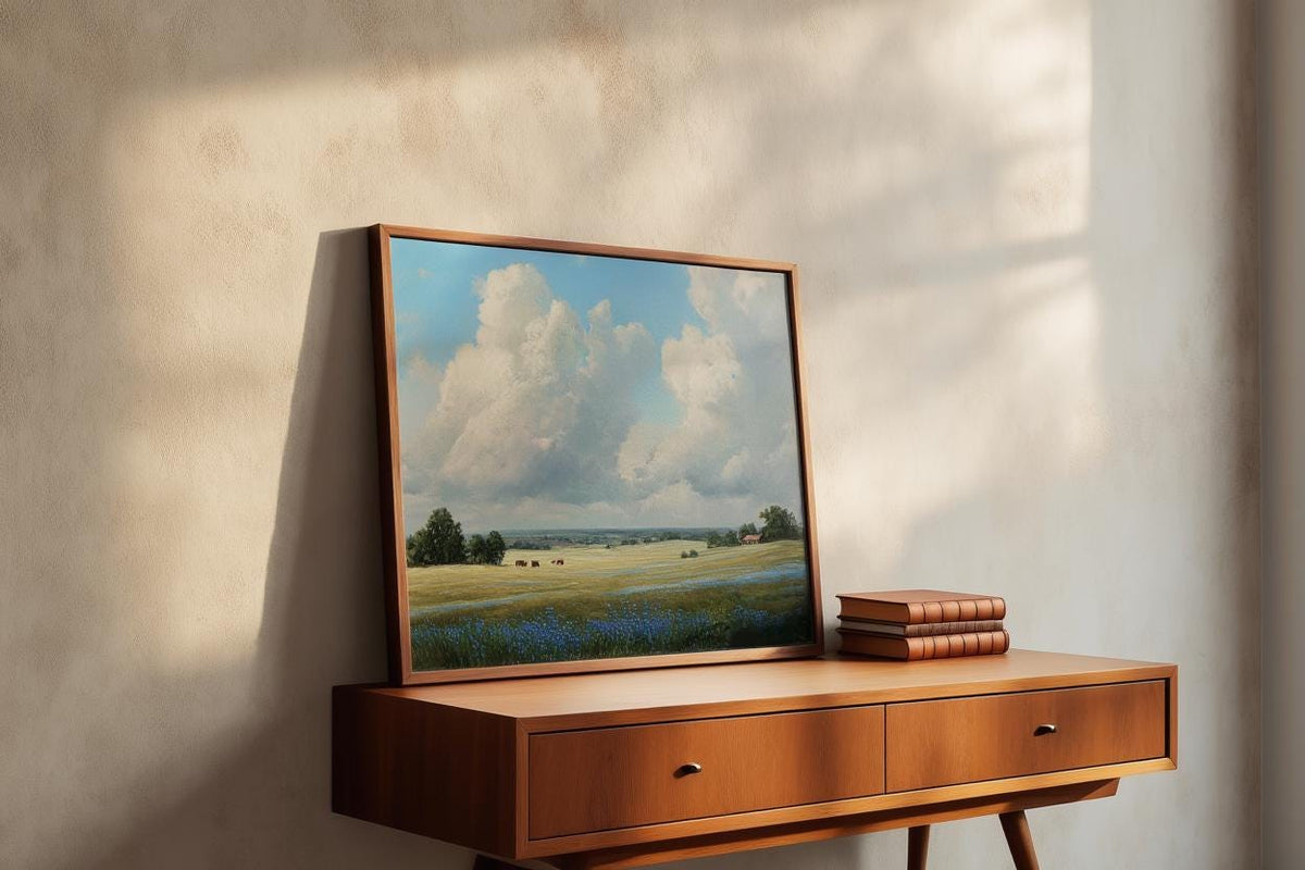 Texas Bluebonnet Landscape, Hill Country Oil Painting, Wildflower Meadow Poster, Pastoral Countryside Print, Rustic Home Decor, Fine Art