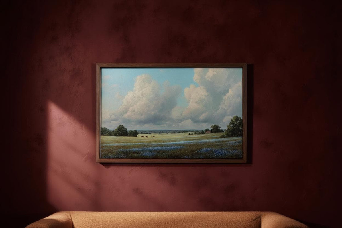 Texas Bluebonnet Landscape, Hill Country Oil Painting, Wildflower Meadow Poster, Pastoral Countryside Print, Rustic Home Decor, Fine Art
