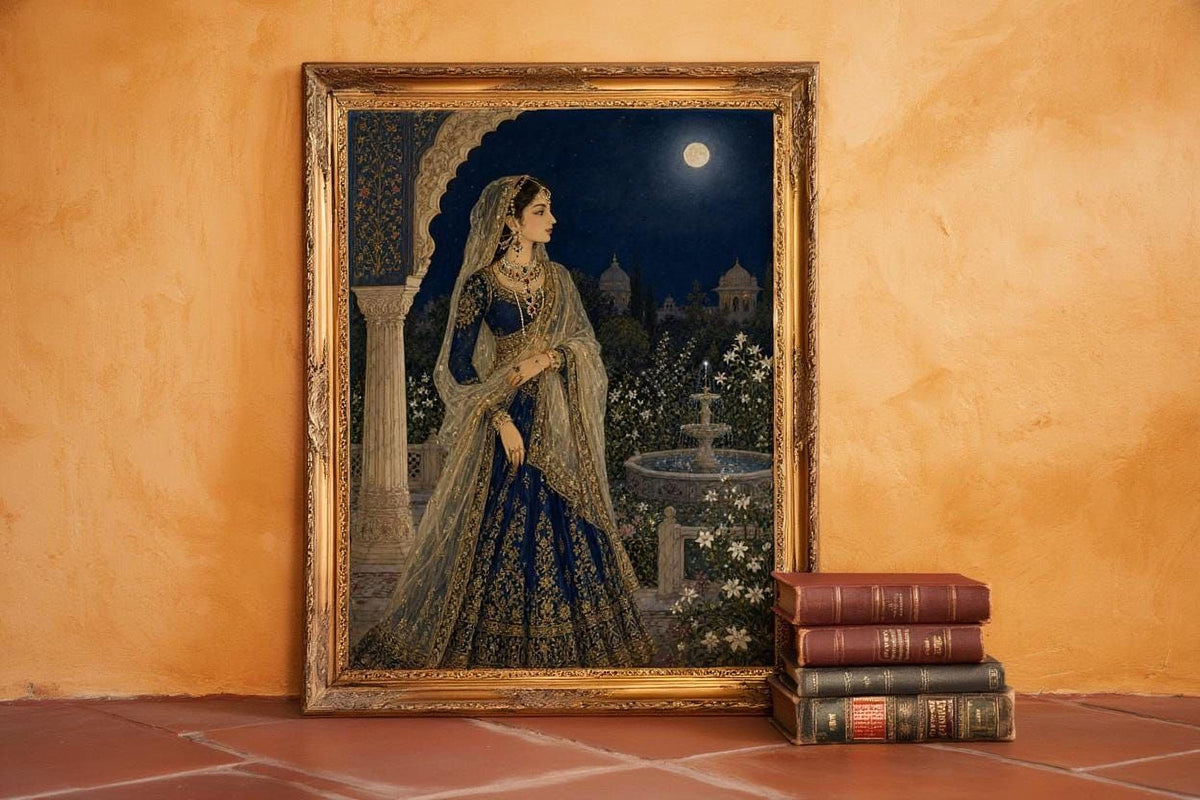 a painting of a woman in traditional Indian attire, standing in a garden with a fountain and moon in the background. The painting is framed and placed on a tiled floor, with a stack of books next to it.
