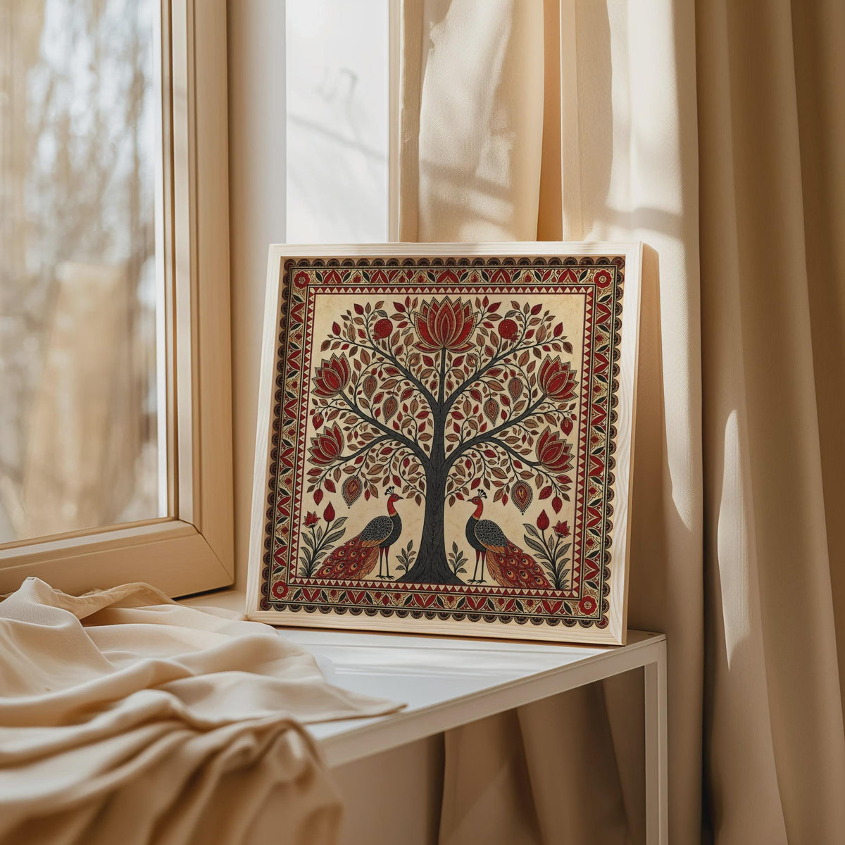 Madhubani Tree of Life Painting - Spiritual Indian Folk Wall Art - Symmetrical Botanical (Digital Printable)