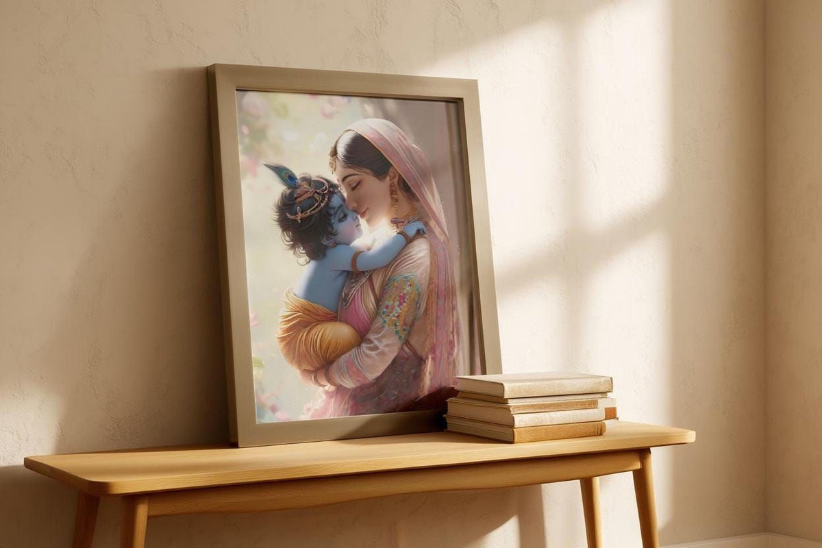 a framed painting of a woman embracing a child, with the child wearing a crown. The painting is displayed on a wooden table, and there are some books stacked nearby.