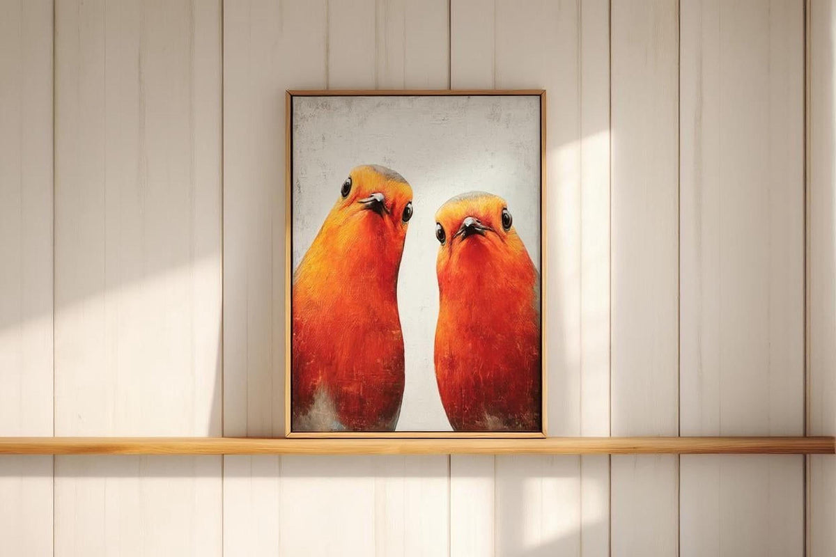 two vibrant red birds standing close together, with their heads turned towards the viewer.