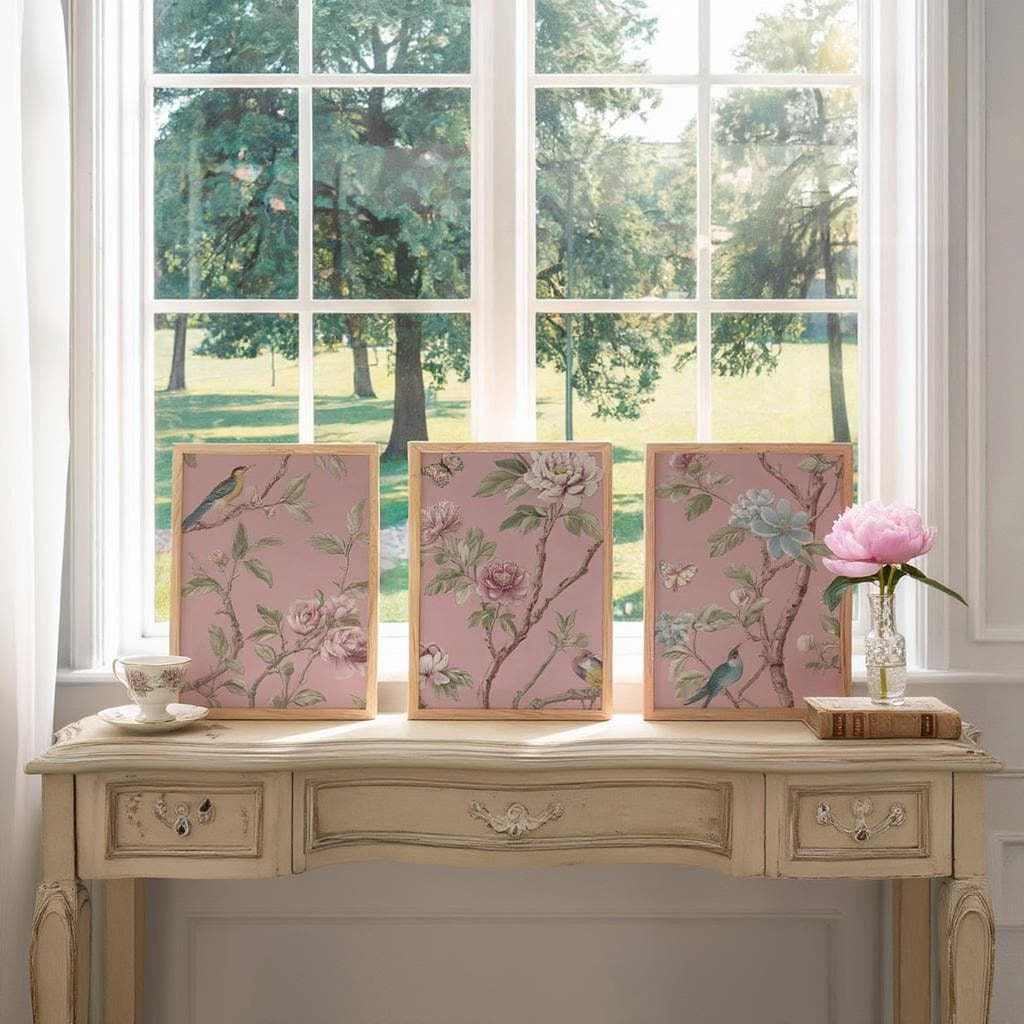 A vintage-style wooden table with three framed floral paintings and a vase of pink flowers, set against a backdrop of a lush green landscape visible through a large window.