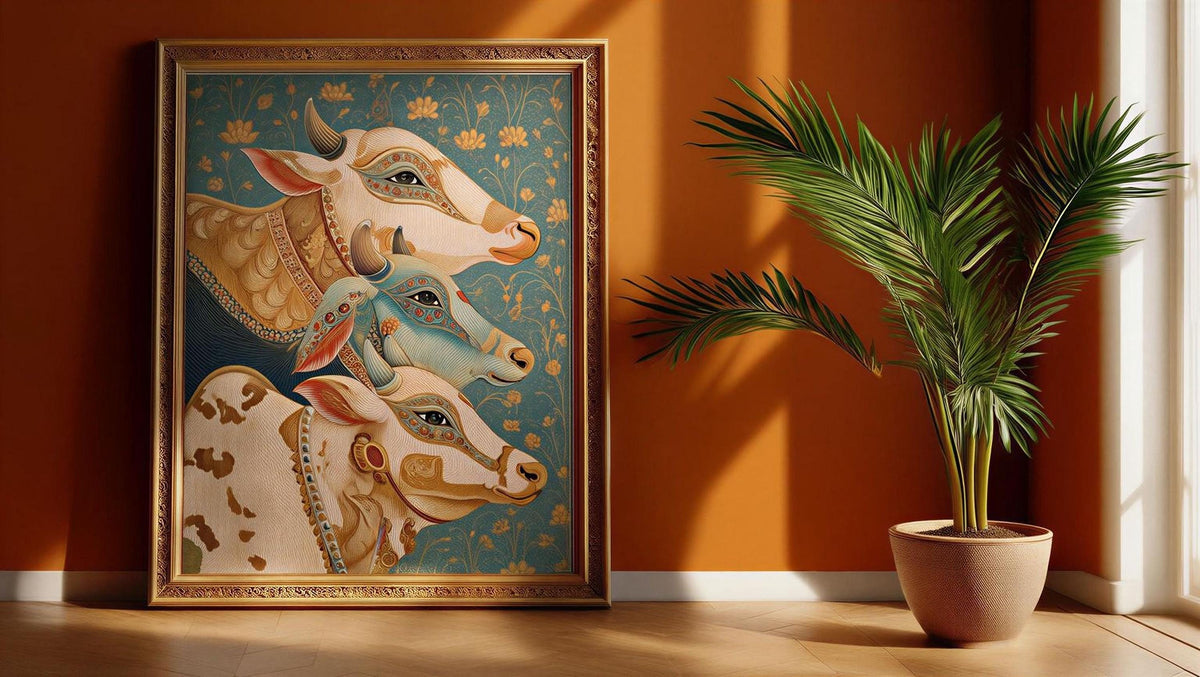 a framed painting of three cows, with a potted plant to the right of the painting. The painting is set against a wall with a warm orange hue.