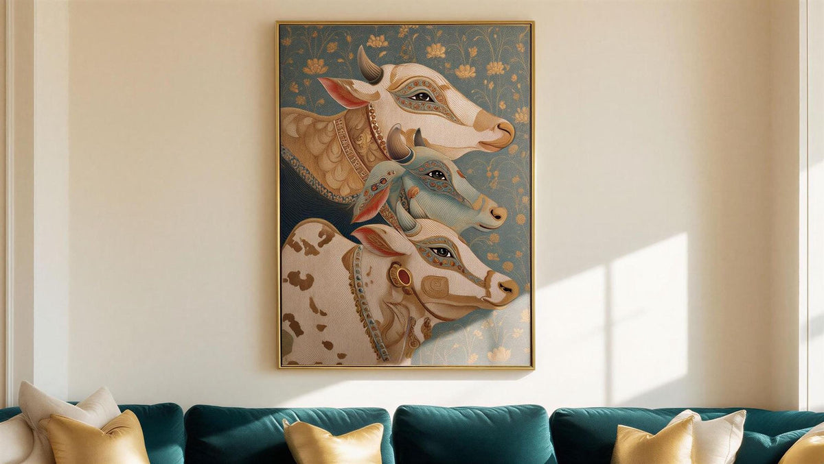 a large painting of three cows hanging on a wall above a couch with pillows.
