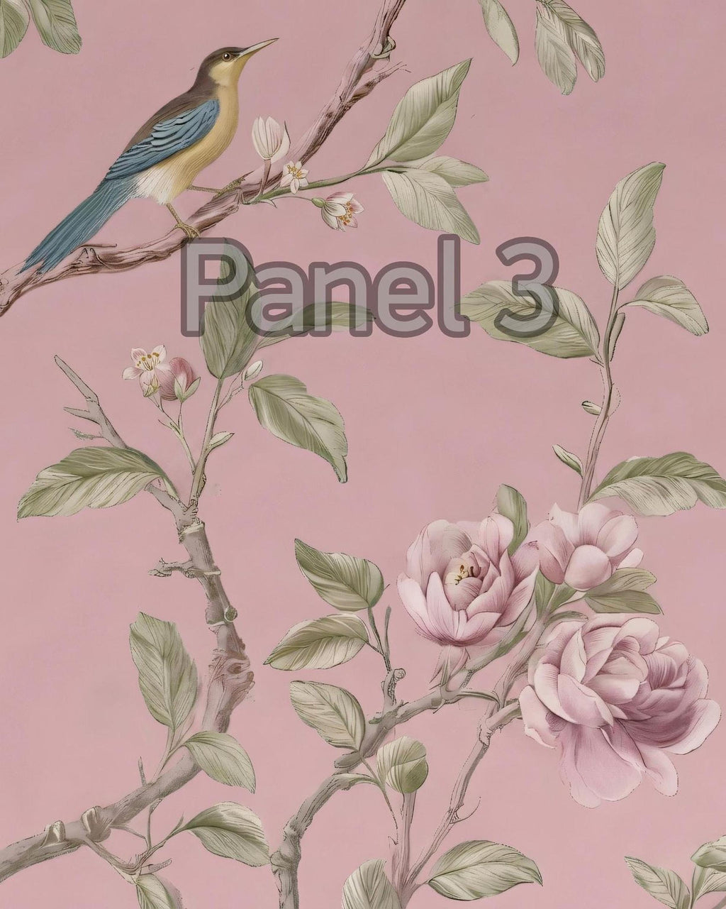 a close-up of a bird perched on a branch with flowers and leaves, set against a pink background.