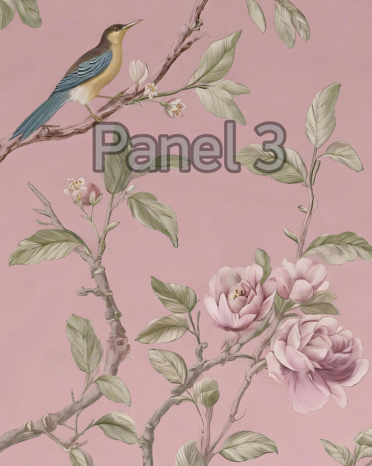 a close-up of a bird perched on a branch with flowers and leaves, set against a pink background.