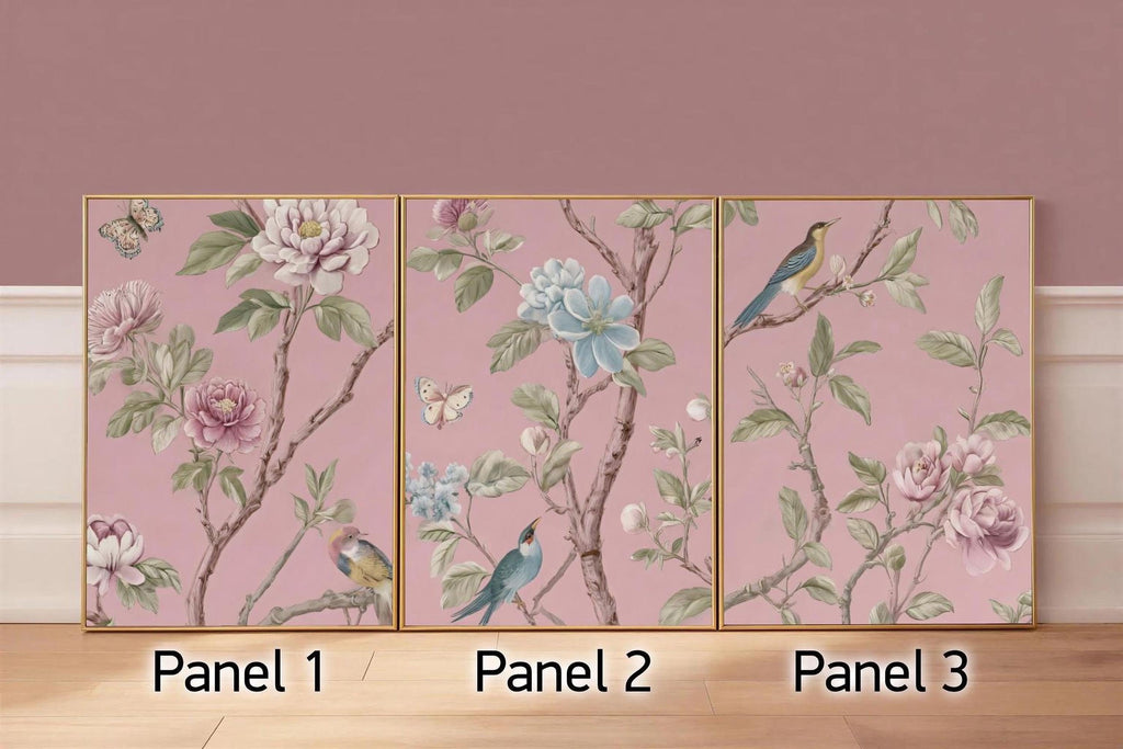 three panels with floral designs, each featuring different types of birds and flowers. The panels are arranged in a row, with the first panel on the left, the second panel in the middle, and the third panel on the right.