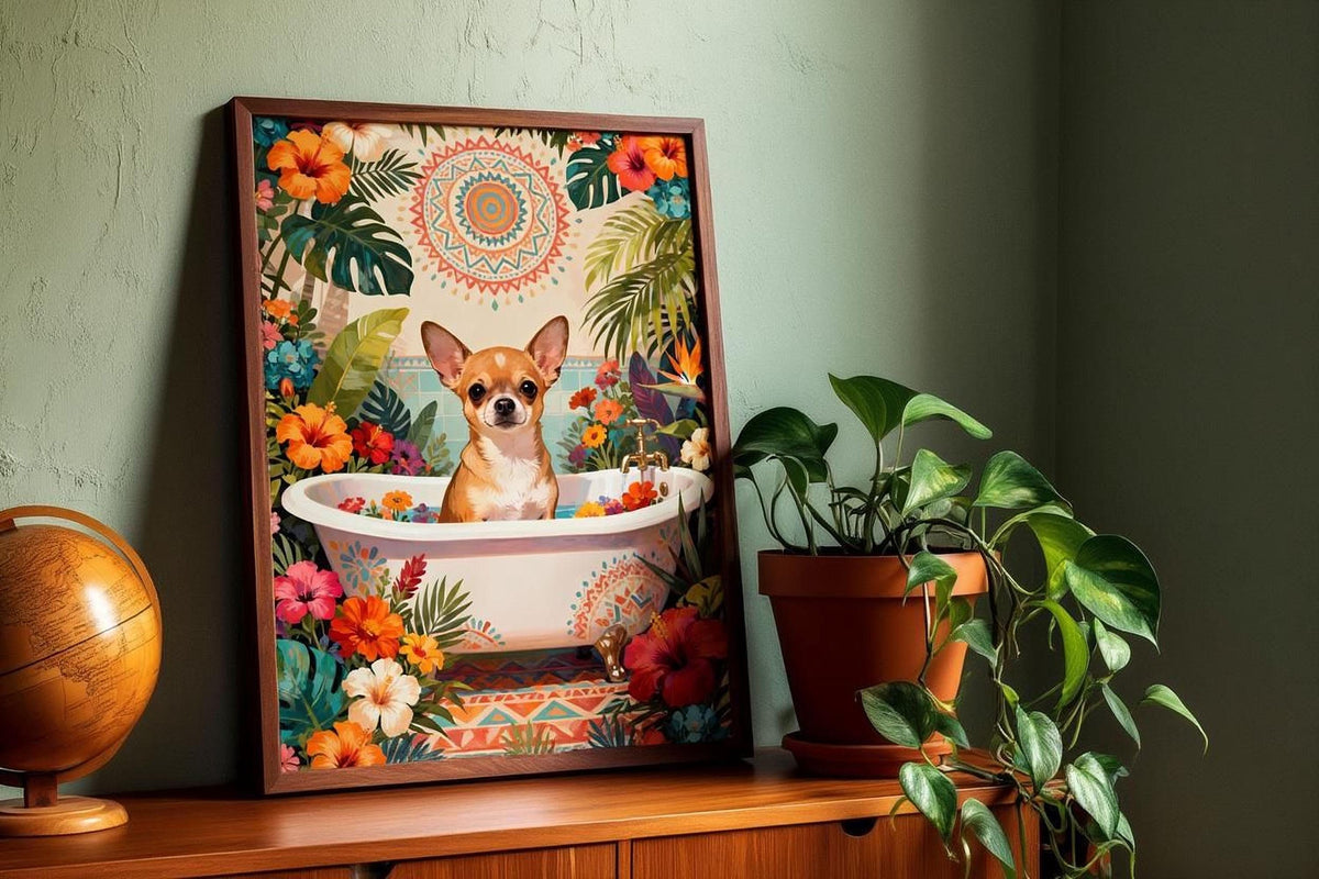 A framed illustration of a dog sitting in a bathtub surrounded by tropical plants and flowers, with a globe on a shelf next to it.