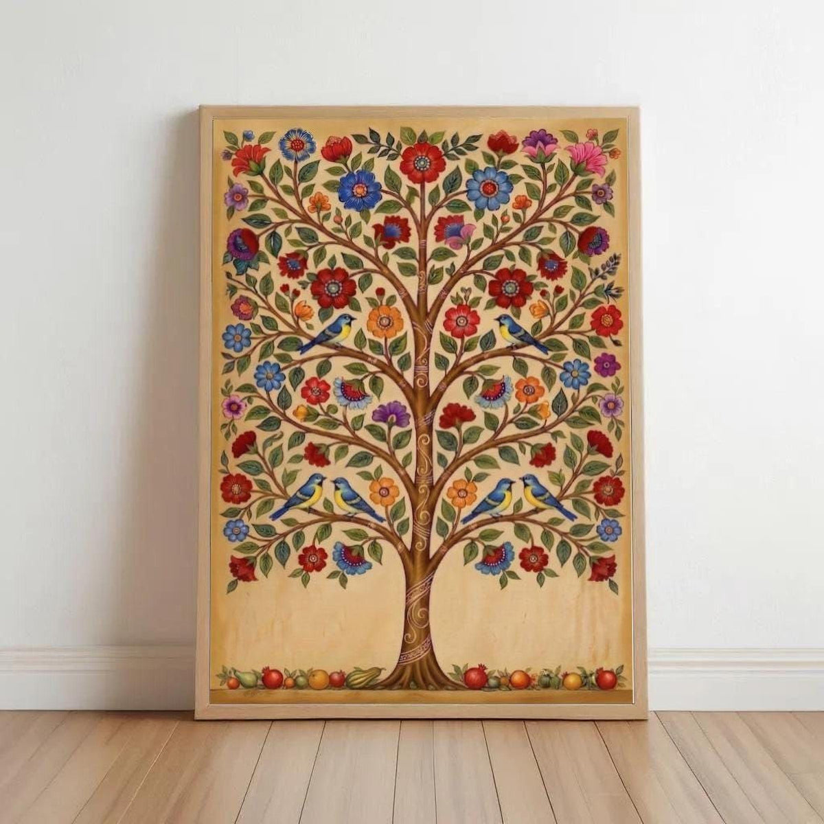 The image is a framed painting depicting a tree with a variety of colorful flowers and birds.