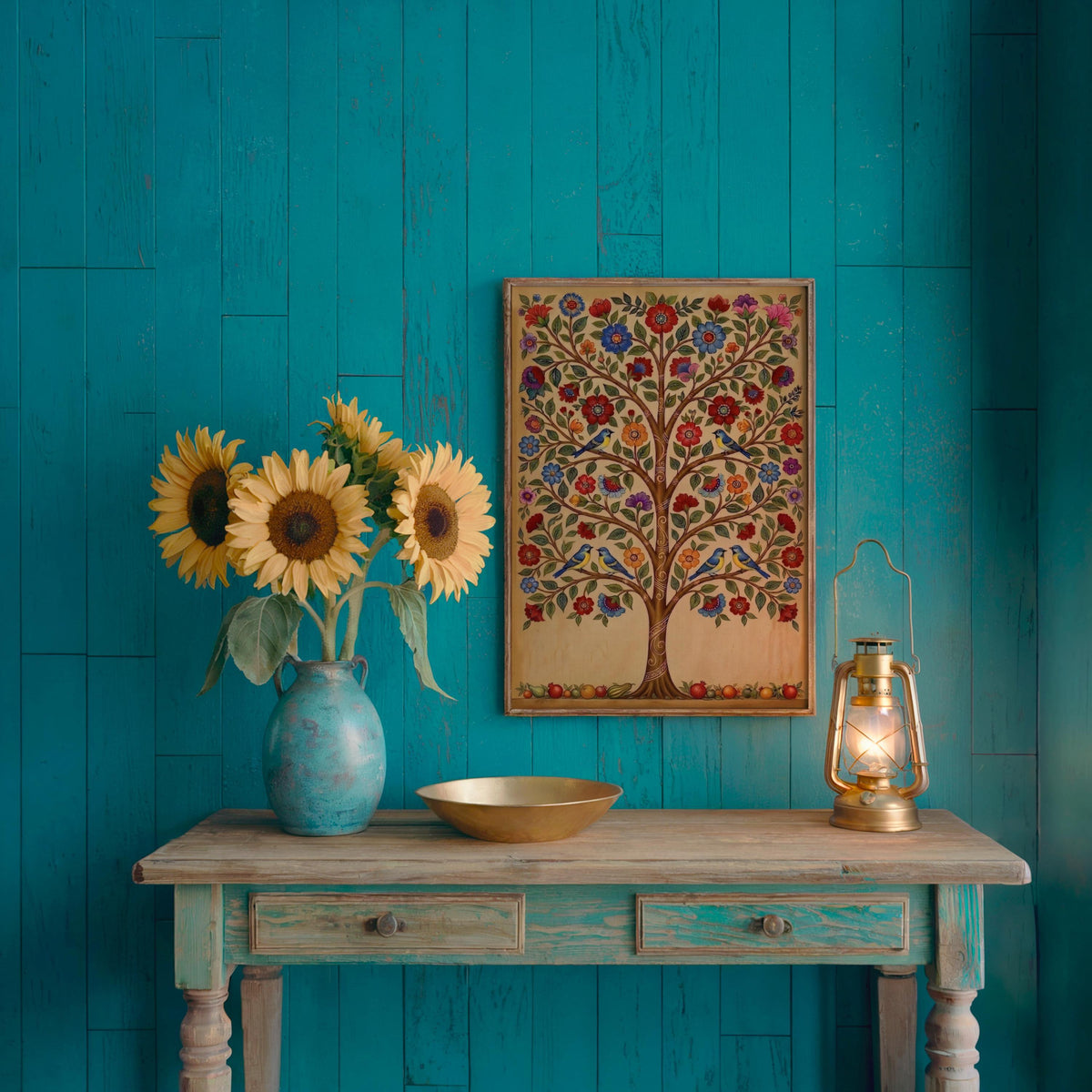 a blue wooden table with a vase of sunflowers, a bowl, and a lantern, set against a teal-colored wall with a framed tree painting.