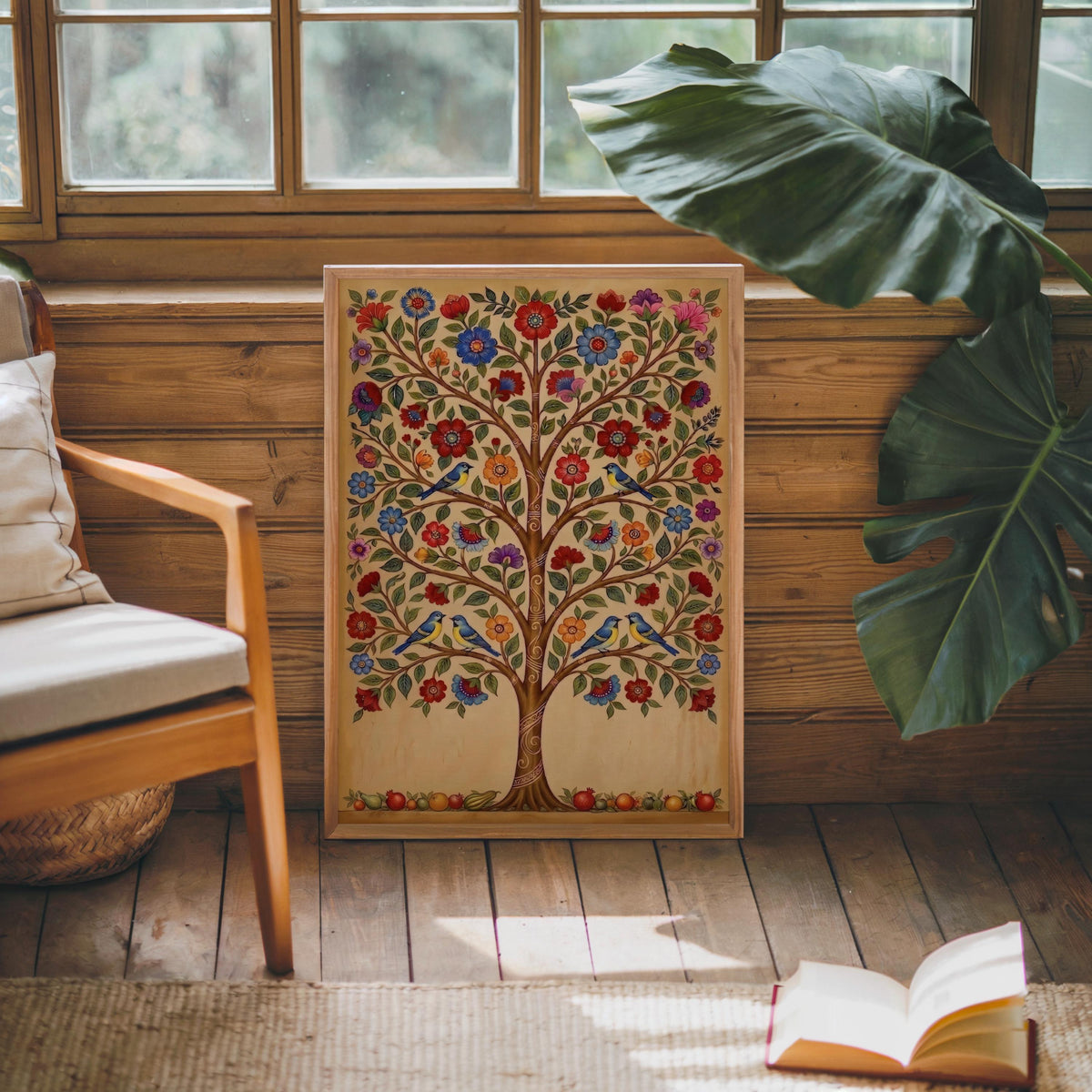 a wooden frame with a colorful tree painting on it, placed on a wooden floor next to a window. There is a white chair and a large green plant in the background, creating a cozy and inviting atmosphere. An open book is also visible on the floor, suggesting a space for relaxation and leisure.