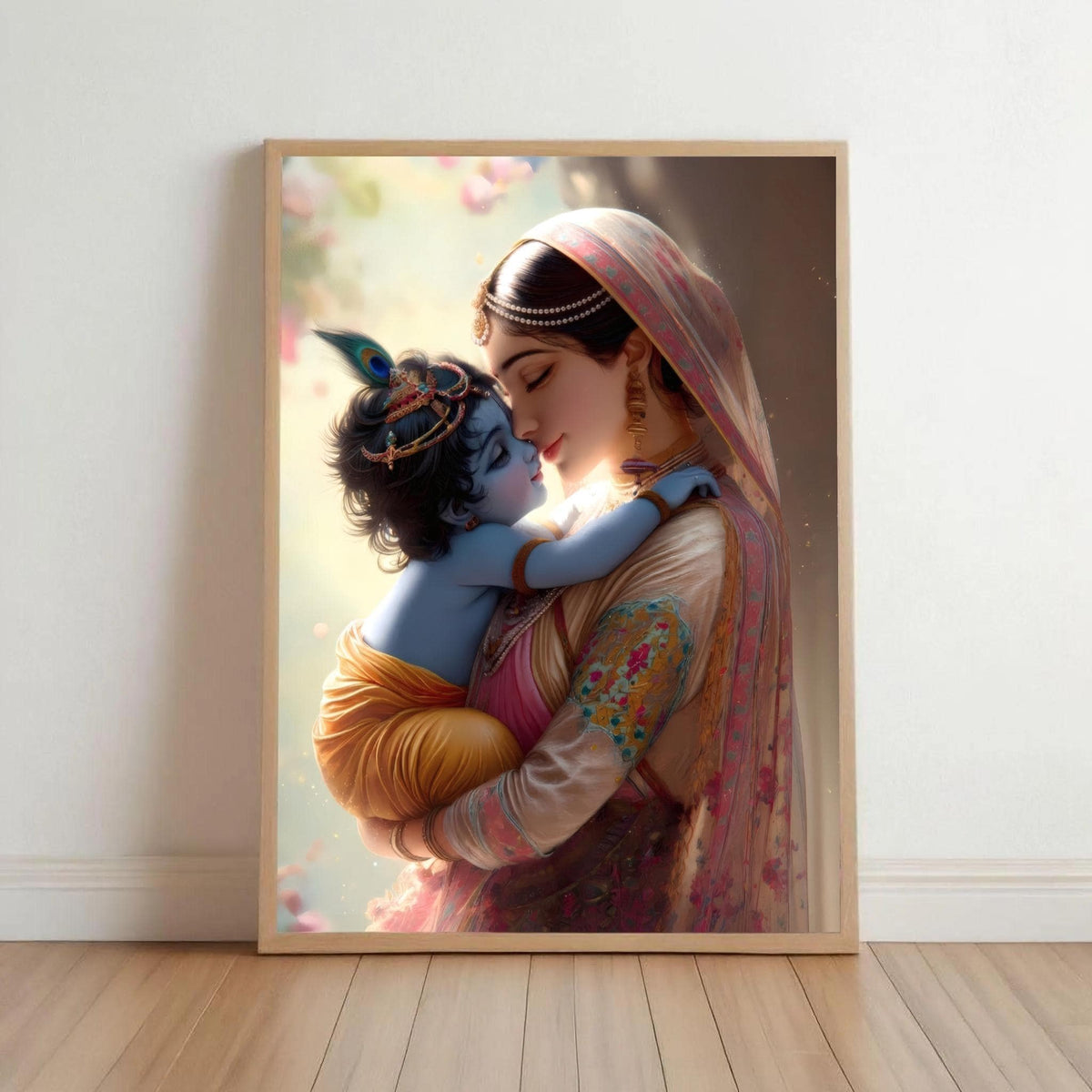 a woman embracing a child, with the child appearing to be a blue-skinned, blue-haired figure. The woman is wearing a colorful, ornate dress and jewelry. The background is blurred, but it seems to be a natural setting with flowers or foliage.