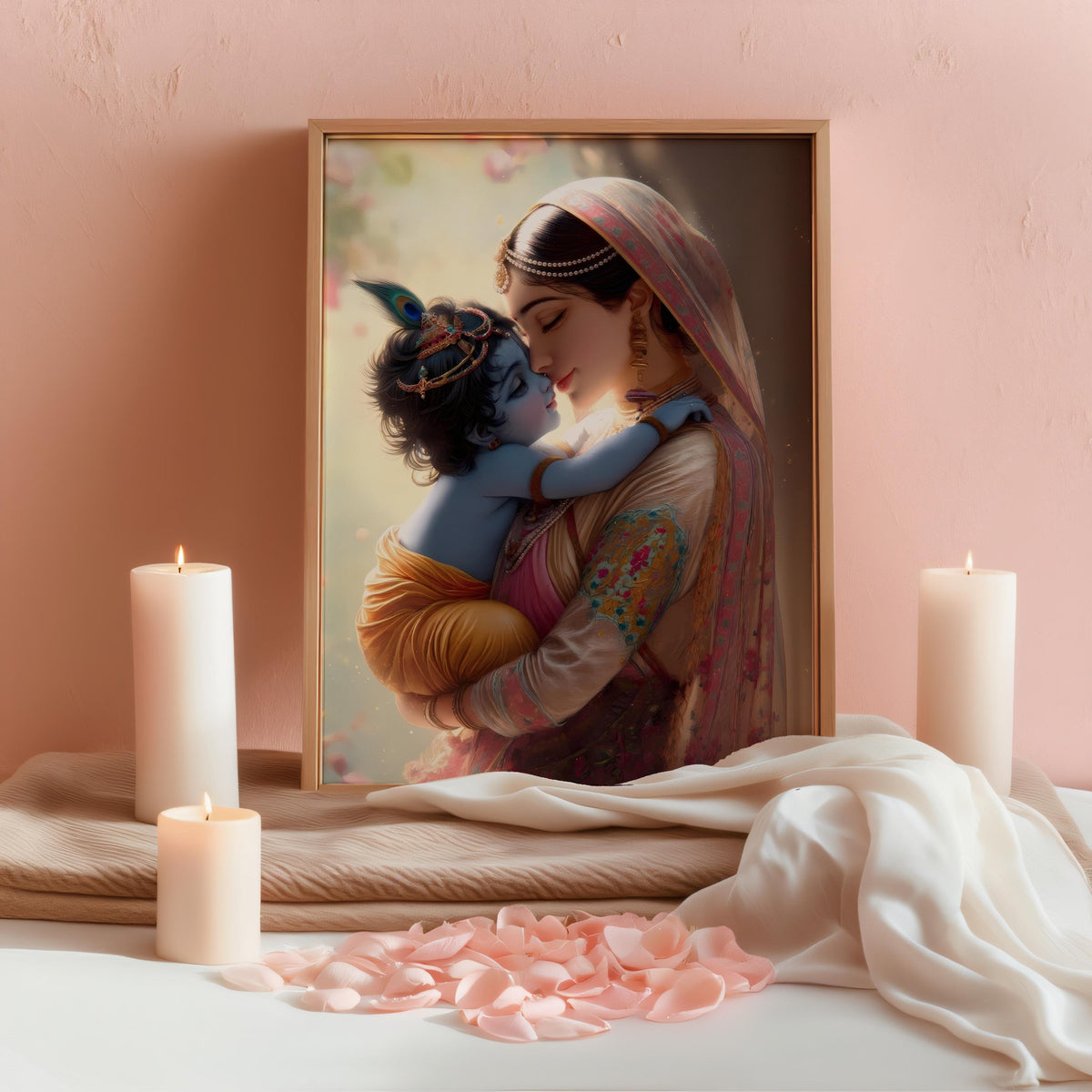 a framed painting of a woman embracing a child, with the child appearing to be Krishna, a Hindu deity. The painting is displayed on a pink wall, and there are two candles and rose petals on a table in front of it.
