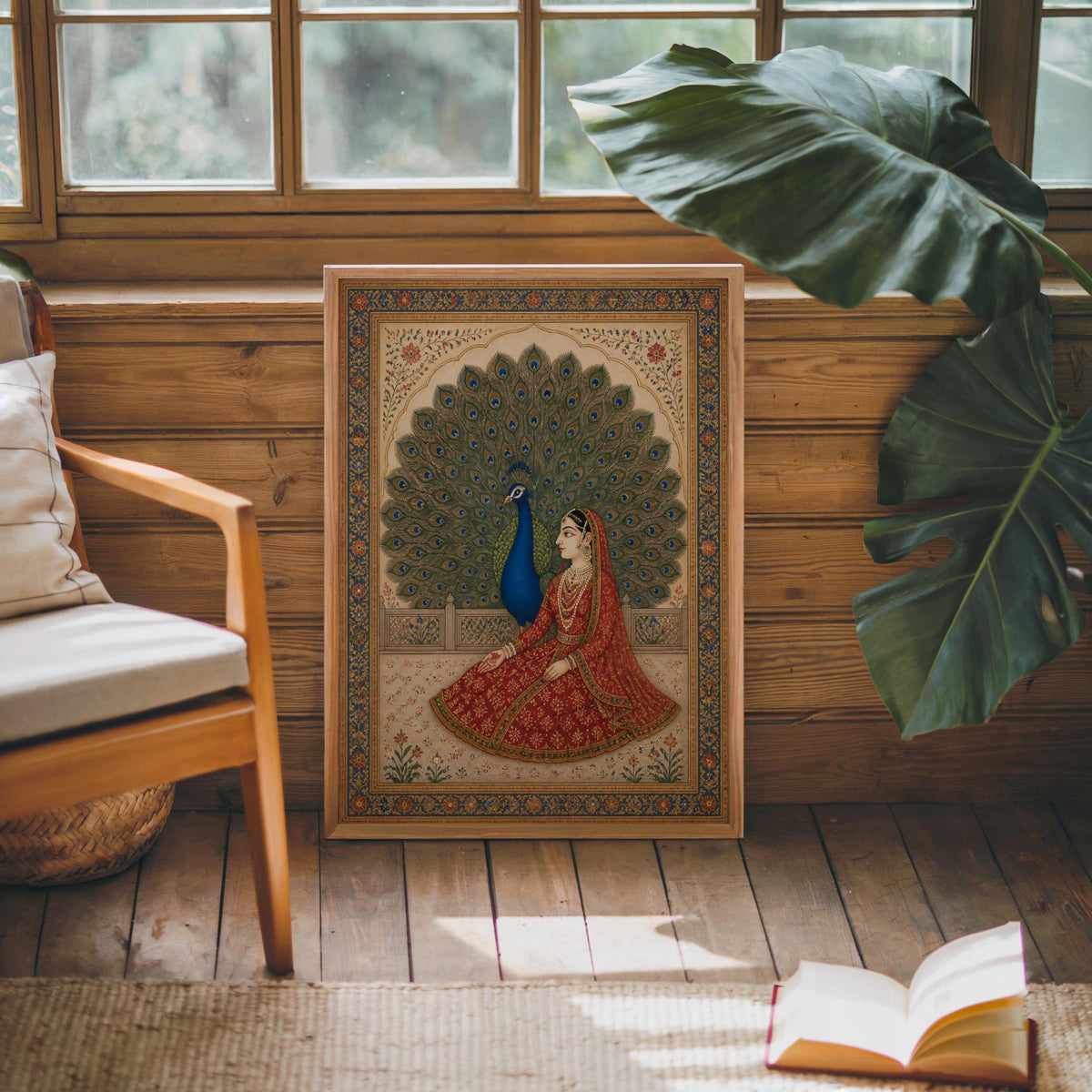 Vintage Mughal Print, South Asian Wall Decor, Floral Indian Princess Painting, Peacock Bird Ethnic Folk Art Gift, Exotic Miniature Poster