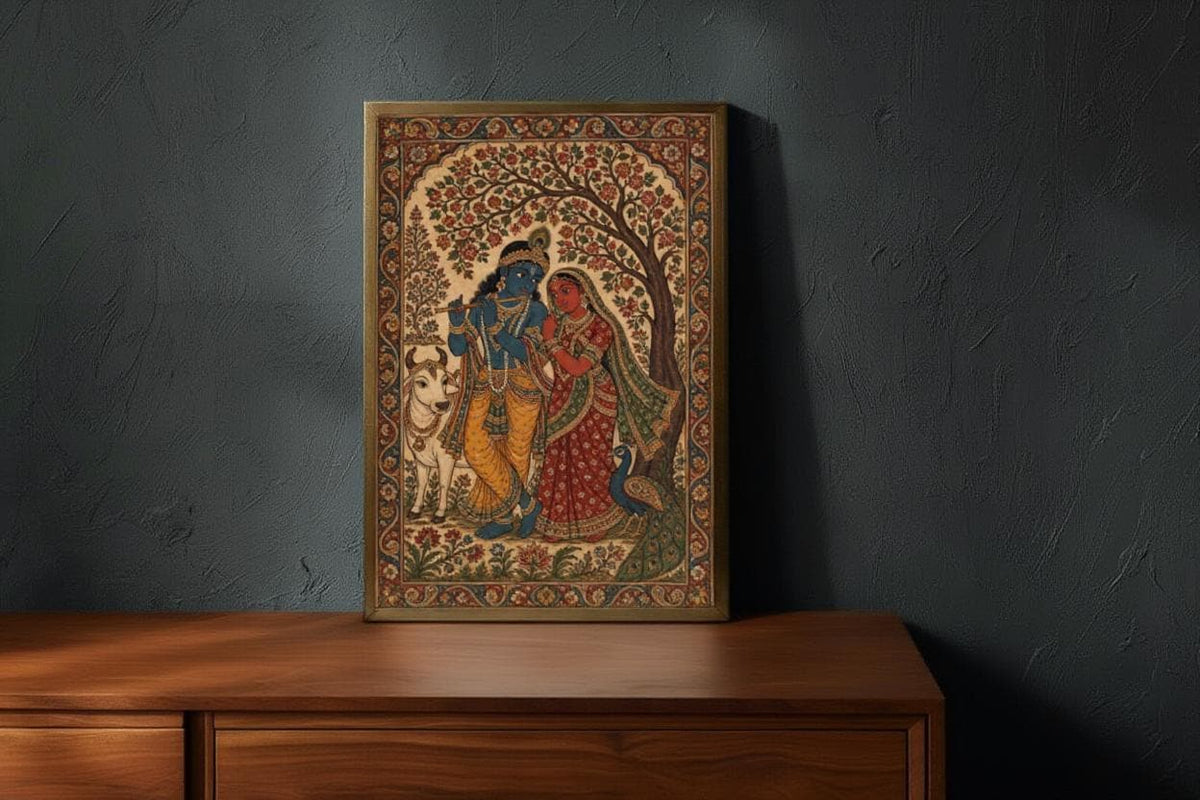 Radha Krishna Kalamkari Wall Art, Hindu God Love Painting, Indian Folk Art Print, Traditional India Home Decor, Sacred Peacock & Cow Poster