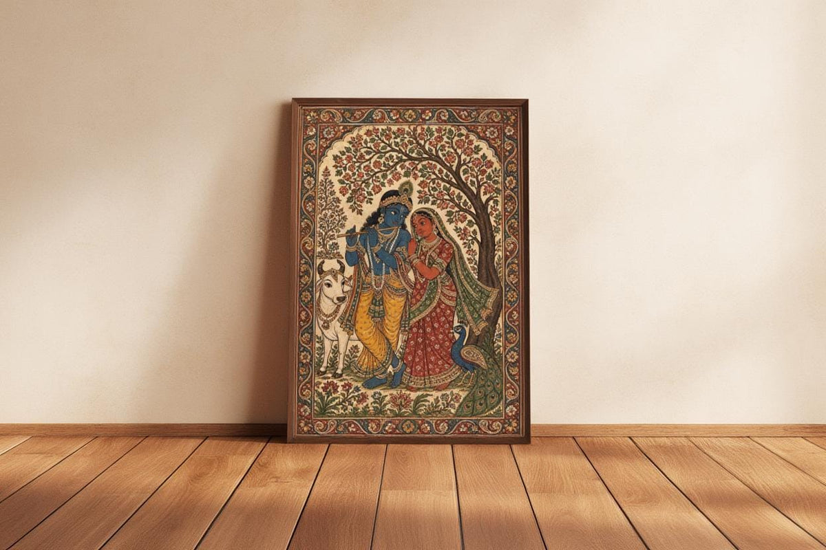 Radha Krishna Kalamkari Wall Art, Hindu God Love Painting, Indian Folk Art Print, Traditional India Home Decor, Sacred Peacock & Cow Poster