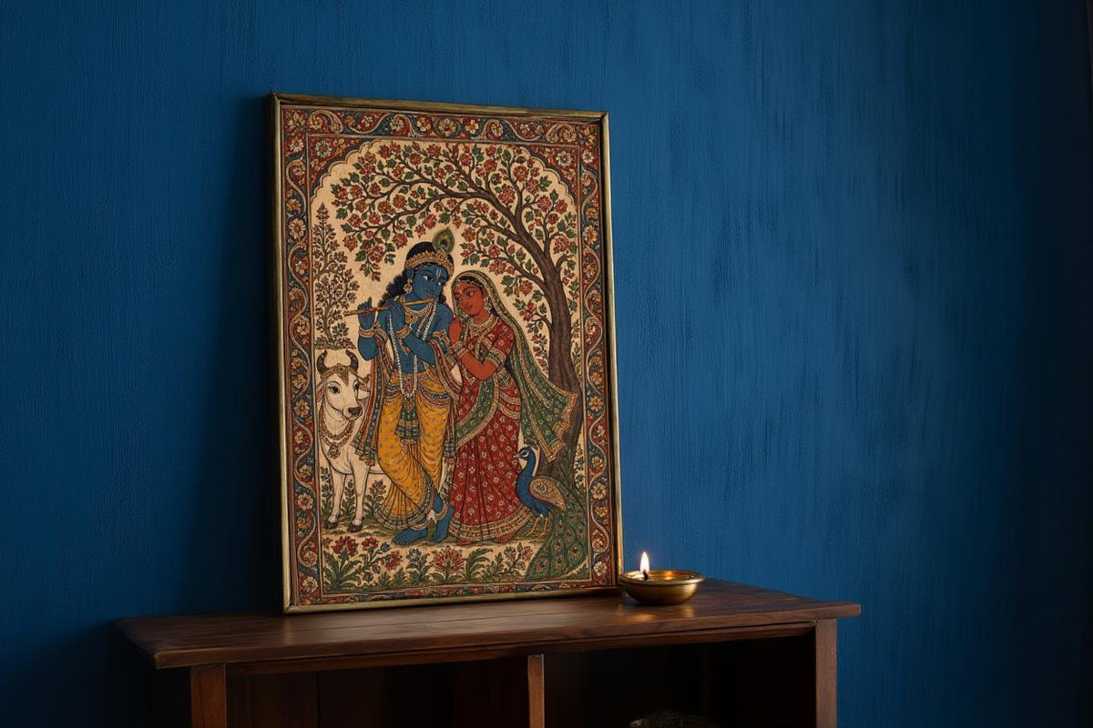 Radha Krishna Kalamkari Wall Art, Hindu God Love Painting, Indian Folk Art Print, Traditional India Home Decor, Sacred Peacock & Cow Poster