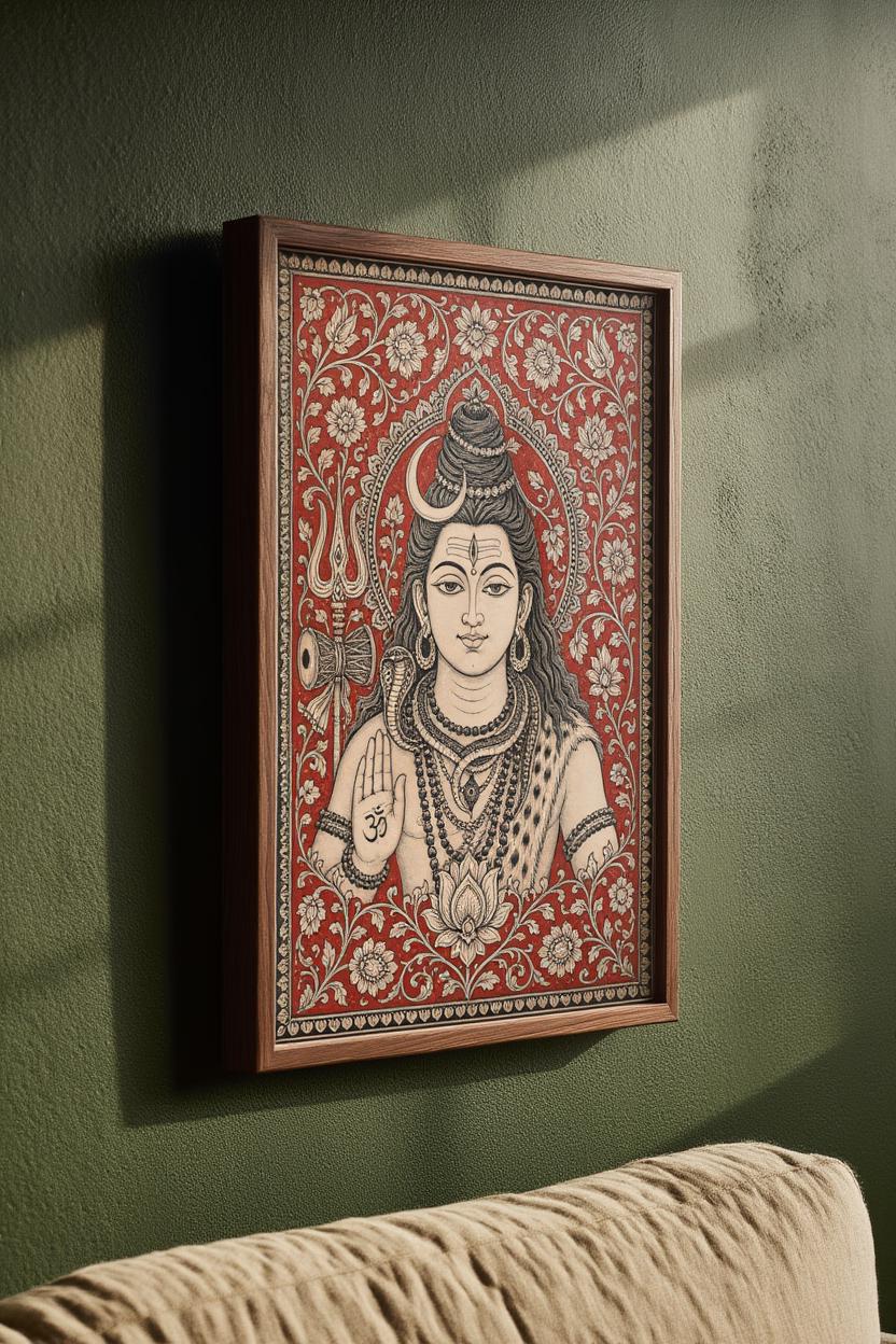 Lord Shiva Kalamkari Wall Art, Hindu God Painting, Traditional Indian Folk Art Print, Sacred Mahadev Portrait, Spiritual Yoga Studio Decor