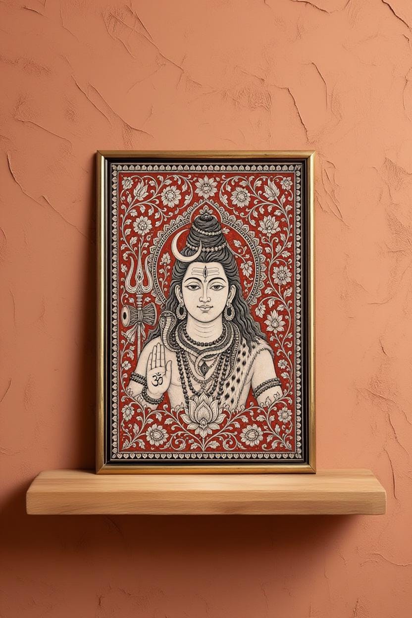 Lord Shiva Kalamkari Wall Art, Hindu God Painting, Traditional Indian Folk Art Print, Sacred Mahadev Portrait, Spiritual Yoga Studio Decor
