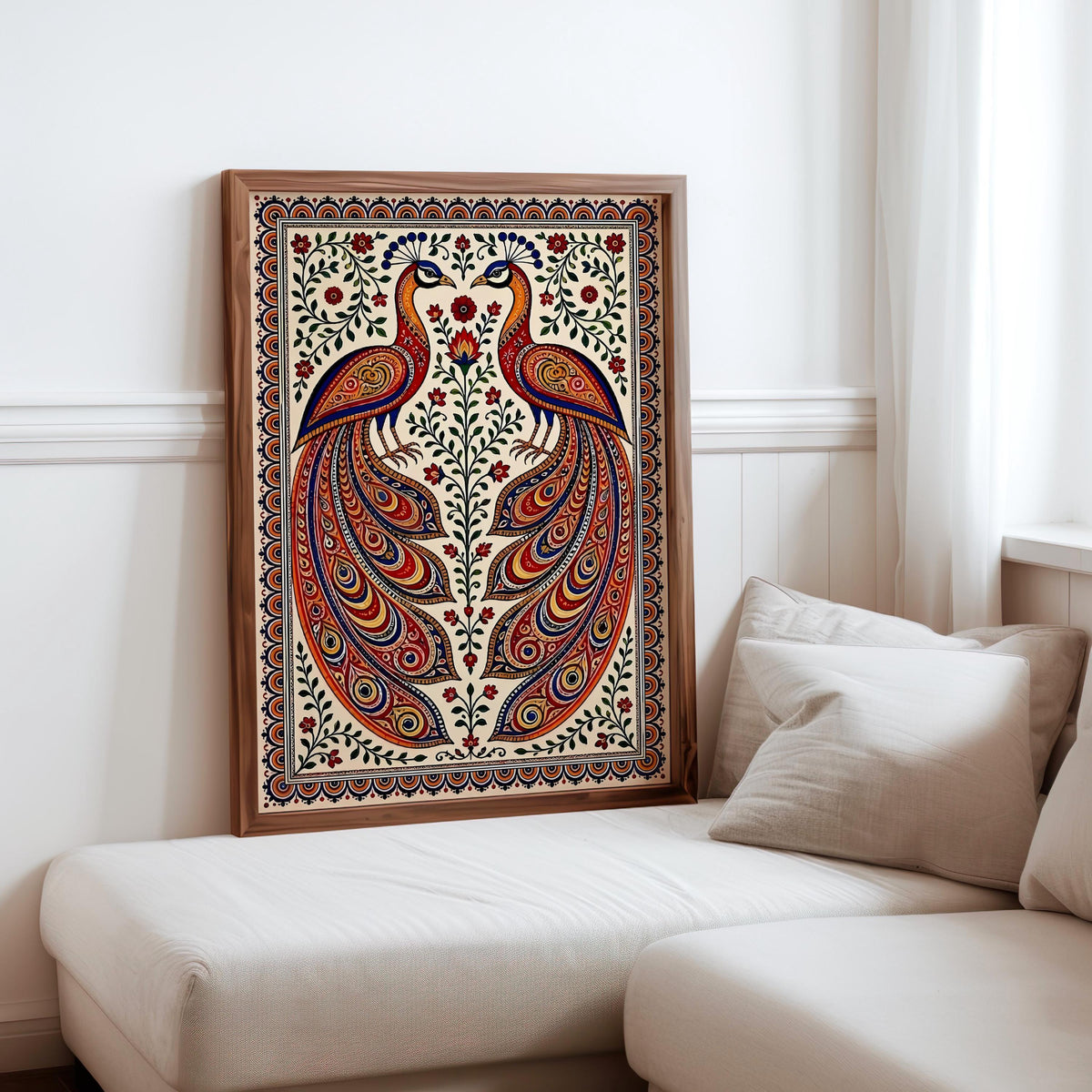Madhubani Peacock Painting - Indian Folk Wall Art decor - Asian Bird Illustration (Physical print)