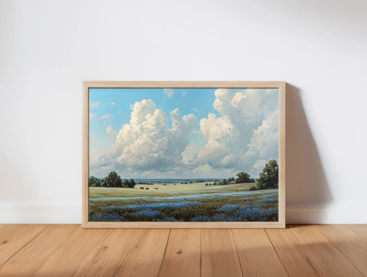 Bluebonnet Landscape Texas Wall Art, Hill Country Oil Painting, Wildflower Meadow Poster, Pastoral Countryside Print, Rustic Home Decor